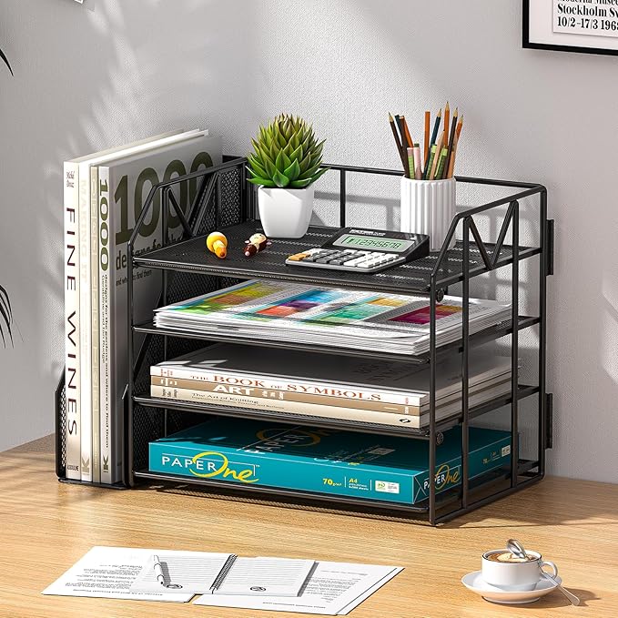 4-Tier Paper File Organizer with Drawer, Metal Desk Organizer, Tiered Paper Tray for Letter/A4 Files, Desktop Office Supplies Storage Rack, Black