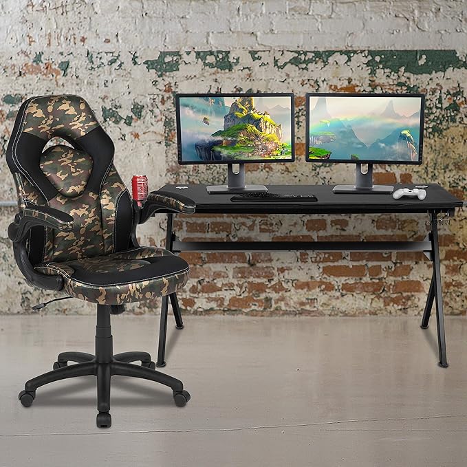 EMMA + OLIVER Black/Camo Gaming Desk Bundle - Cup & Headphone Holders/Mouse Pad Top