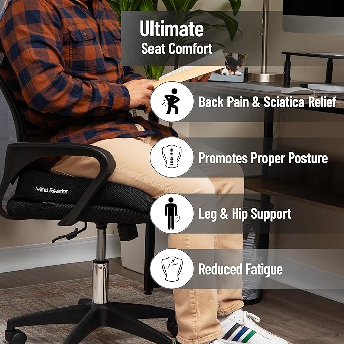 Mind Reader Air-Cloud Seat Cushion, Ergonomic Support for Posture, Pressure Relief, and Pain Reduction, Portable with Washable Cover, Memory Foam, Black