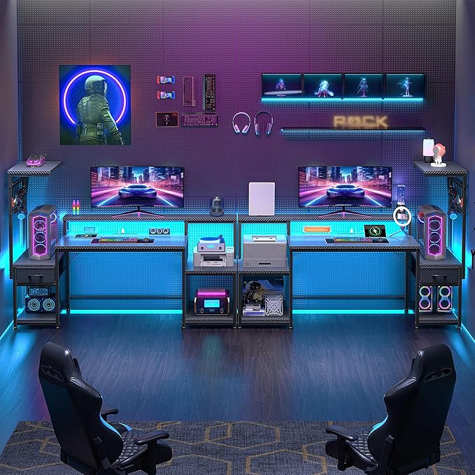 DurayLoly 55" Gaming Desk with LED Lights & Outlets,Computer Desk with Drawers & Monitor Stand,Gaming Table with 3 Storage Shelves, Hooks& Printer Space for Game&Study Room,Home Office,Bedroom,Black