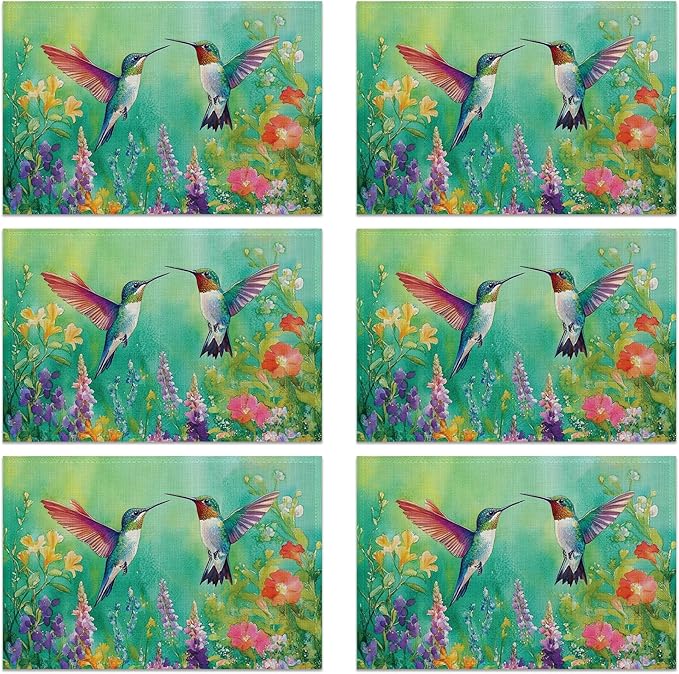Colorful Hummingbird Flowers Table Placemats Set of 6, Linen Placemats 12x18 Inch, Washable Non Slip Heat Resistant Mats for Dining Table Kitchen Indoor Use