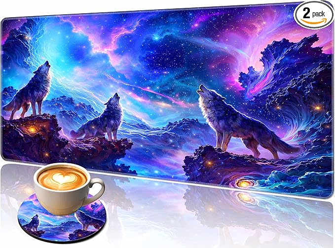 Extended Large Mouse Pad 31.5 x 11.8 Inches – AiLiTeck Premium Desk Mat Mousepad with Stitched Edges, Waterproof, Non-Slip Rubber Base for Office Home, Includes Coaster–Wolf Galaxy