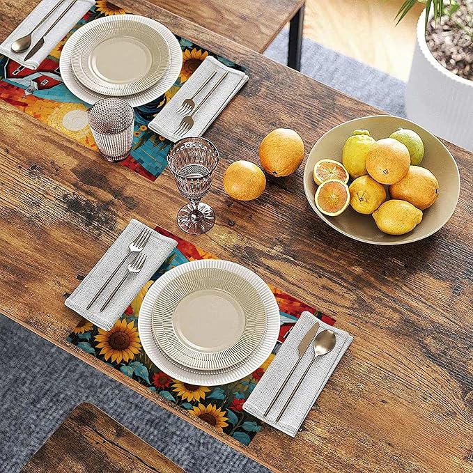 Painting Sunflowers Rooster Table Placemats Set of 6, Linen Placemats 12x18 Inch, Washable Non Slip Heat Resistant Mats for Dining Table Kitchen Indoor Use