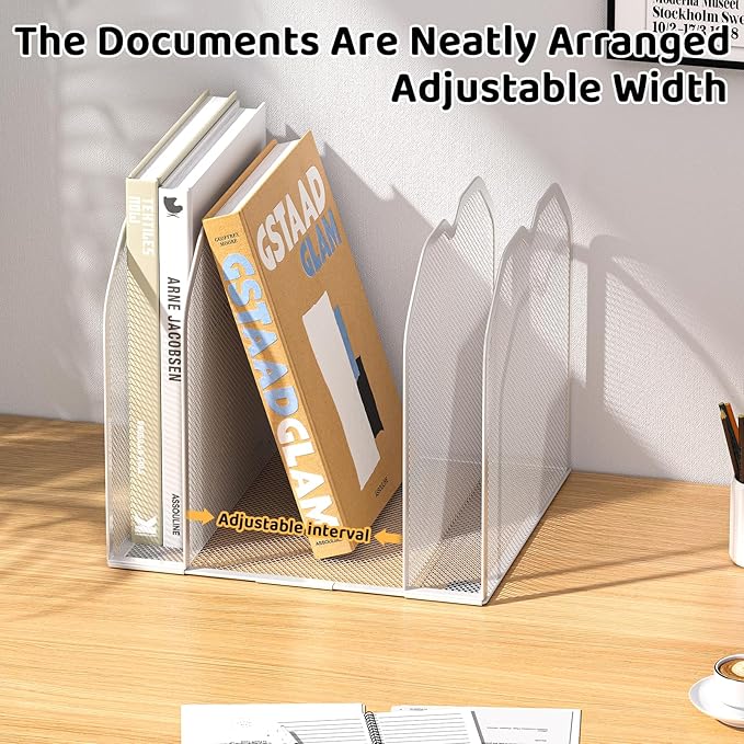 FANXIYQ White 5-Section File Folder Organizer for Desk – 8.5"×9.3" Metal Vertical File Holder, Desktop File Organizer Vertical Stand, Letter/A4 Upright File Sorter