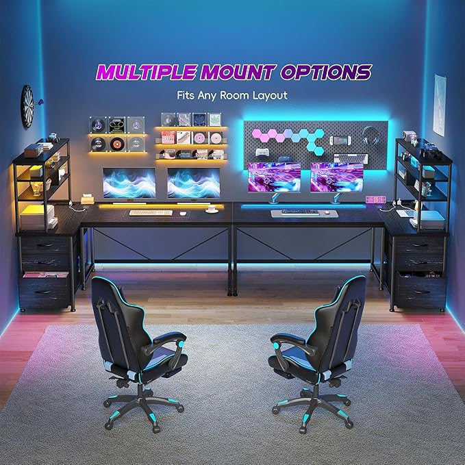 DurayLoly 55''Gaming Desk L Shaped Desk with 3 Fabric Drawers & Shelf, Reversible Computer Desk with Remote LED Lights, Power Outlet of Home Office Desk for Bedroom,Dorm,Black