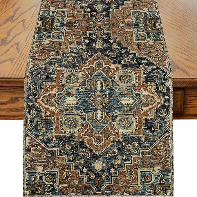 Boho Blue Brown Table Runner,Vintage Elegant Farmhouse Table Center Linen Decor,Country Rustic Farmhouse Magical Fall Kitchen Dining Table Decoration for Home Dining Party Decor 13x108 Inch