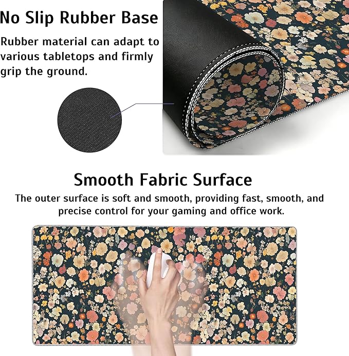 Colorful Floral Mouse Pad,35.4 x 15.7 Inch Large Mouse Mat Non-Slip Rubber Stitched Edges for Writing Desk,Office,Home,Laptop