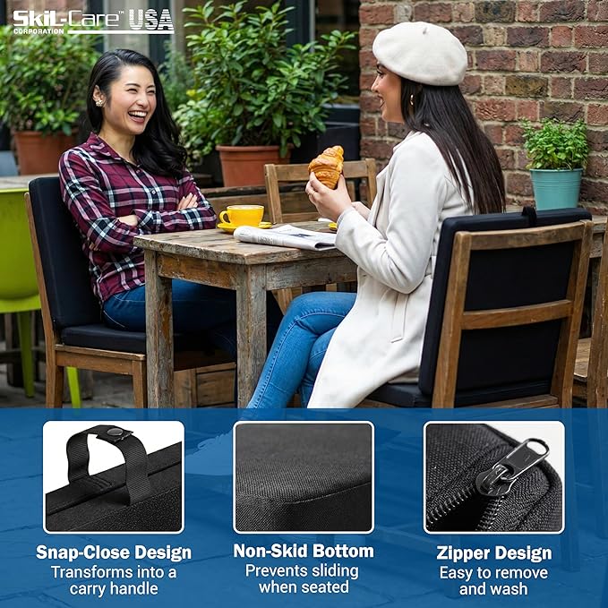 Skil-Care Seat Buddy Portable Seat Cushion, Foldable Chair Cushions with Non-Slip Bottom for Office Chair, Recliner Chair, Stadium Seats, Wheelchair, Travel, 16"x16", Polyester Black, 914351