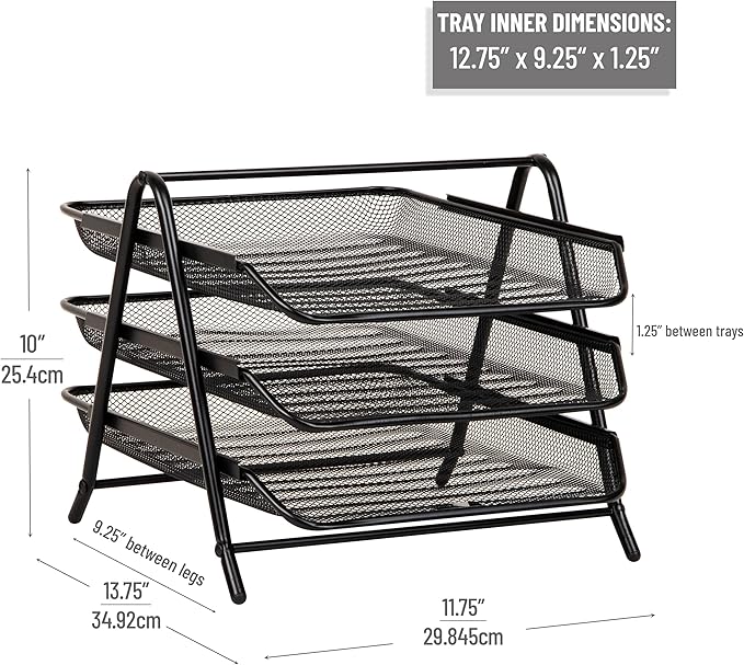Mind Reader 3-Tier Paper Tray, Desktop Organizer, File Storage, Office, Metal Mesh, 11.75" L x 13.75" W x 10" H, Set of 2, Black
