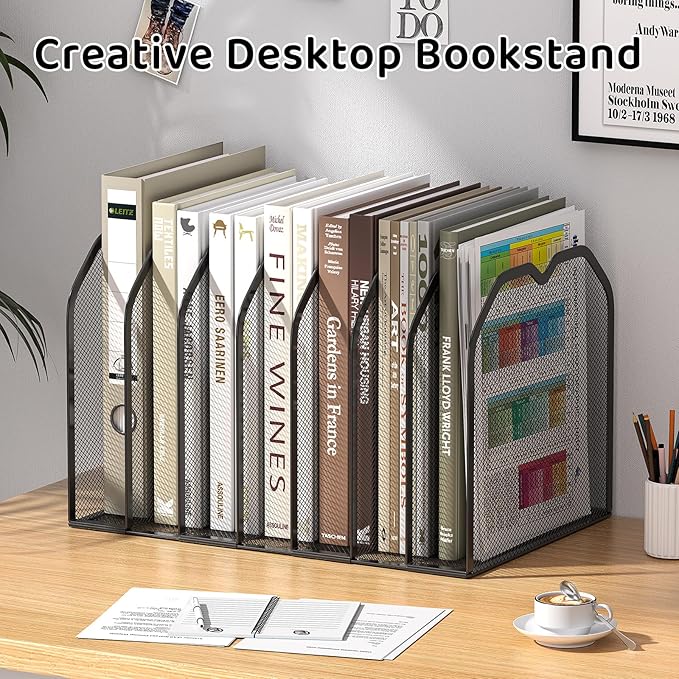 FANXIYQ Black 7-Section File Folder Organizer for Desk – Metal Vertical File Holder, Desktop File Organizer Vertical Stand, Letter/A4 Folder Rack, Upright File Sorter, Office Paper Organizer