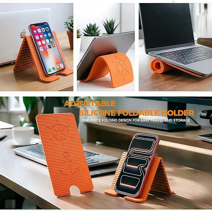 Flexible Silicone Aluminum Phone Holder Tablet Stand with Charging Port Design, Foldable Airplane Laptop/Phone Stand for Home Office Travel (Black+Orange)
