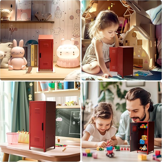 PACOLO Mini Locker, Metal Small Locker for Desktop, Girls Lockbox Desktop Storage Organizer, Money Safe and Cash Lock Box for Girls Safe (Red)