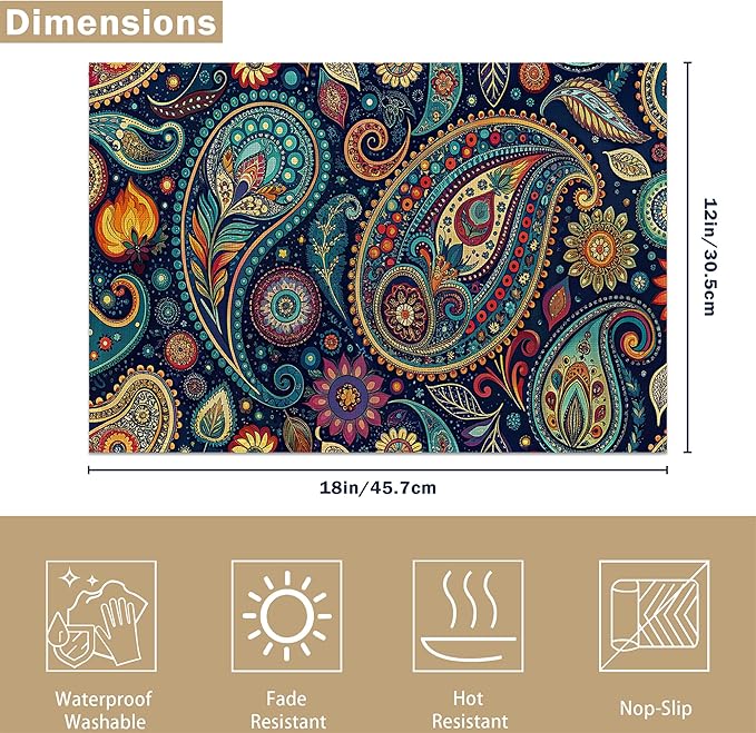 Placemats Set of 6, Indian Vintage Paisley Pattern Blue Linen Placemats 12x18 Inch, Heat Resistant Table Mats, Washable Non Slip Place Mats for Dining Table Kitchen Home