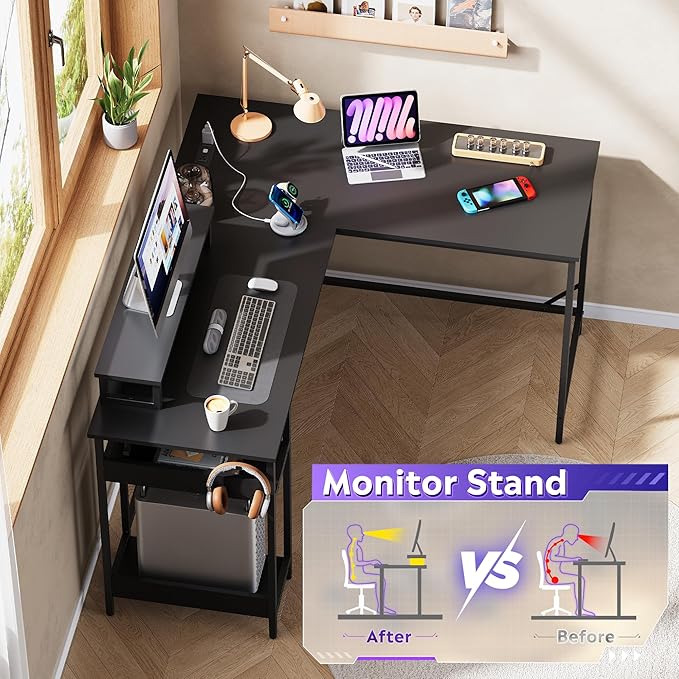 DEVAISE Spacious 55" L Shaped Gaming Desk with LED Lights and Power Outlets - Reversible Corner Computer Table with Monitor Stand and Storage Shelves for Work and Gaming, Black