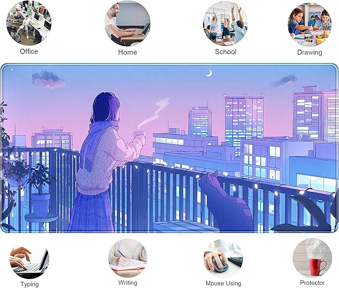 Purple Anime Kawaii Desk Mat Mousepad Cute Cat XXL Large Gaming Japanese Girly Aesthetic Mouse Pad Tokyo Street Desk Mat 31.5x15.75 in, Girl Gamer Desktop Mat Computer Laptop Keyboard Mouse Mat