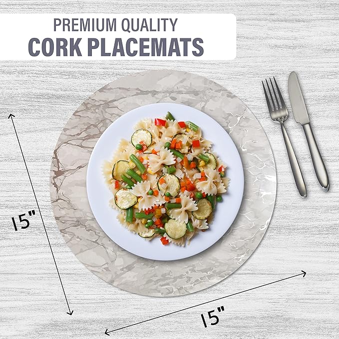 Dainty Home Silver Marble Round Cork Placemats - Heat Resistant Placemats, Non-Slip, Easy Clean Placemats for Elegant Dining - 15"x15" Set of 2 - Perfect for Stylish, Modern Homes