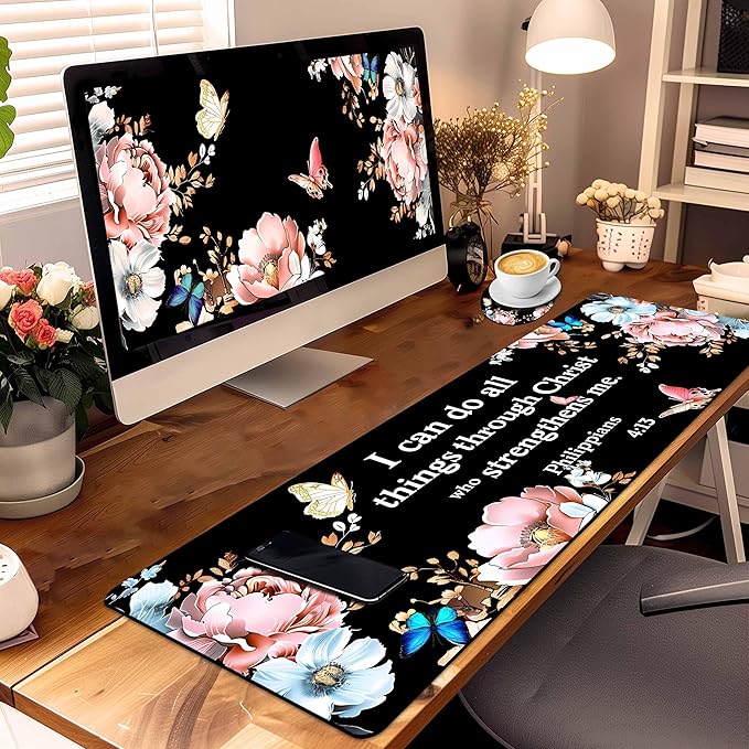 Extended Mouse Pad with Coaster 31.5 x 11.8 Desk Pad Full Desk Mousepad Stitched Edges Desk Mat Long Large Gaming Mouse Pad for Desk Office Home Bible Butterflies