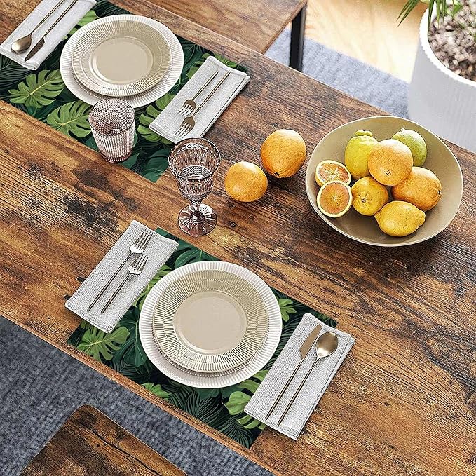 Linen Placemats Set of 6, Tropical Leaves Washable Table Mats 12x18 Inch, Heat Resistant Non Slip Placemats for Dining Table Kitchen Everyday Use