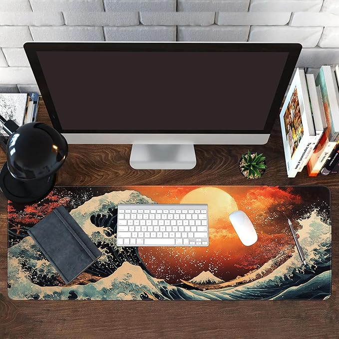 Long Gaming Mouse Pad Extended Anime Large Desk Pad with Non-Slip Base Full Keyboard Mat with Stitched Edges for Gaming and Office 31.5 x 11.8 inches (Orange Wave)