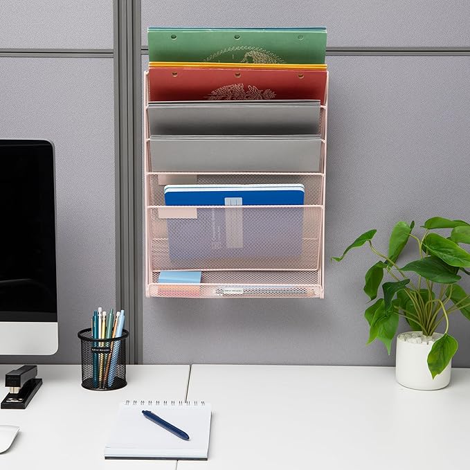 Mind Reader 5-Tier Vertical File Storage, Desktop Organizer, Wall Mount, Office, Metal Mesh, 12.75" L x 4" W x 16" H, Pink (Pack of 4)