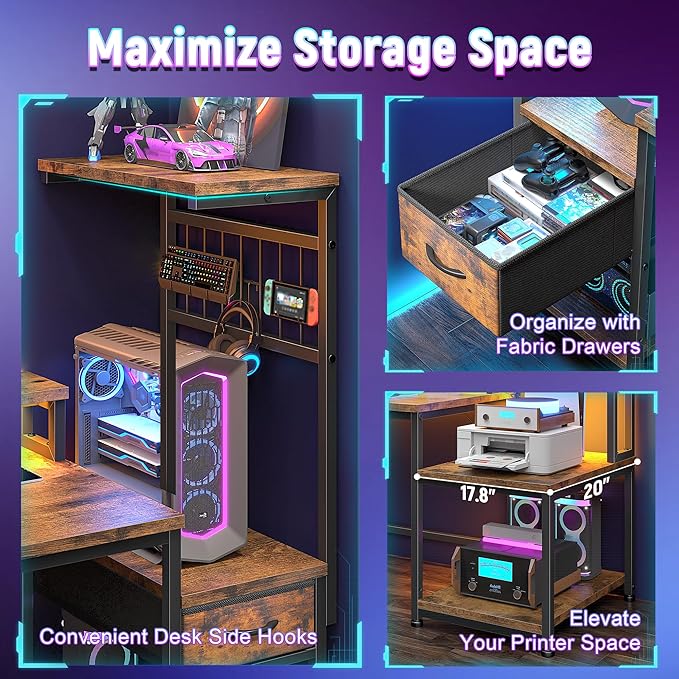 DurayLoly 63" Computer Desk with LED Lights & Outlets,Office Desk with Drawers & Monitor Stand,Gaming Desk with 3 Storage Shelves, Hooks& Printer Space for Game&Study Room,Home Office,Bedroom,Brown