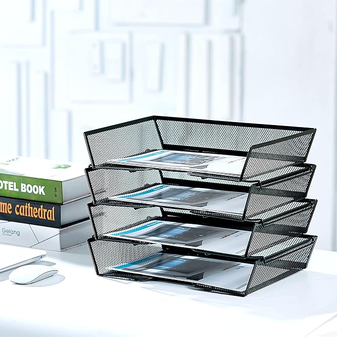 SETTFRFE 4 Tier Metal Mesh Desk Organizer-Stackable Paper Tray for Home, Office,School,Black File Storage System with Reinforced Edges