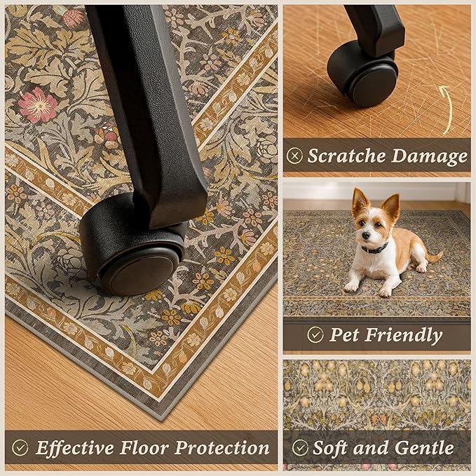 Vintage Brown Office Rugs for Rolling Chairs, 36"x48" Home Office Rug for Computer Gaming Chair, Low Pile, Slip-Resistant and Ultra Soft Area Rug for Protecting Floors, Boho Taupe Floral Design