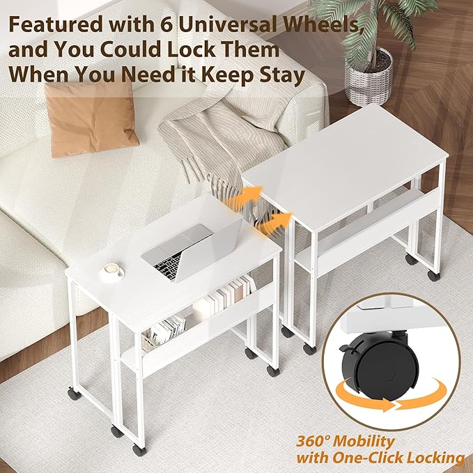 Folding Desk Small Rolling Desk with Storage Shelf,31.5 Inch Foldable Computer Table with Wheels,Portable Office Desk for Small Space Sofa Table,Easy to Fold,Writing Work Office Computer Desk,White