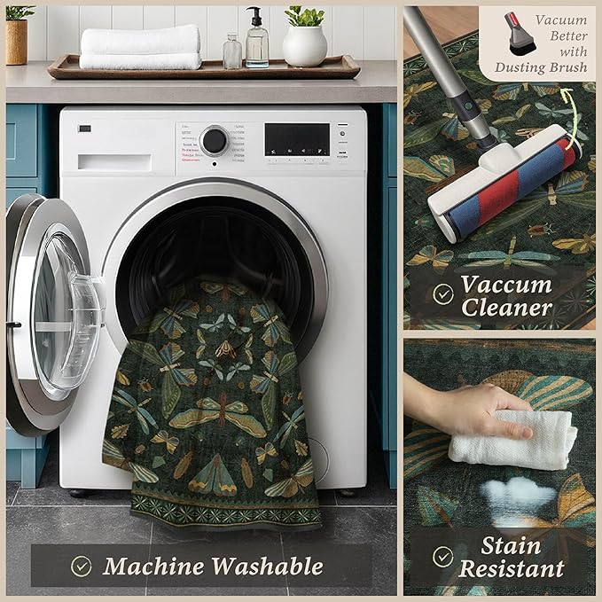3'x4' Dark Green Office Chair Mat for Hardwood Floors, Insect Boho Design,Non-Slip Low Pile Desk Rug, 36"x48" Small Area Rug for Computer Desk Home Office, Machine Washable WFH Essential for Dorm Room