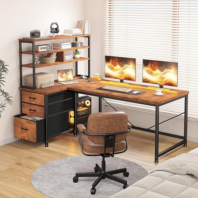 DurayLoly Office Desk with 3 Fabric Drawers & Shelf, Reversible L Shaped Desk Computer Desk with Remote LED Lights, Power Outlet for Home Office Desk, Corner Desk for Bedroom, Brown