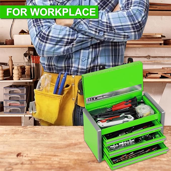 P.I.T. Mini Tool Box 8.6"W X 4.6"D, Portable 3 Drawer Steel Stackable Green Tool Box with Magnetic Tab Locking, Green Micro Top Chest with Liner for Tools Storage and Organizers, Home DIY