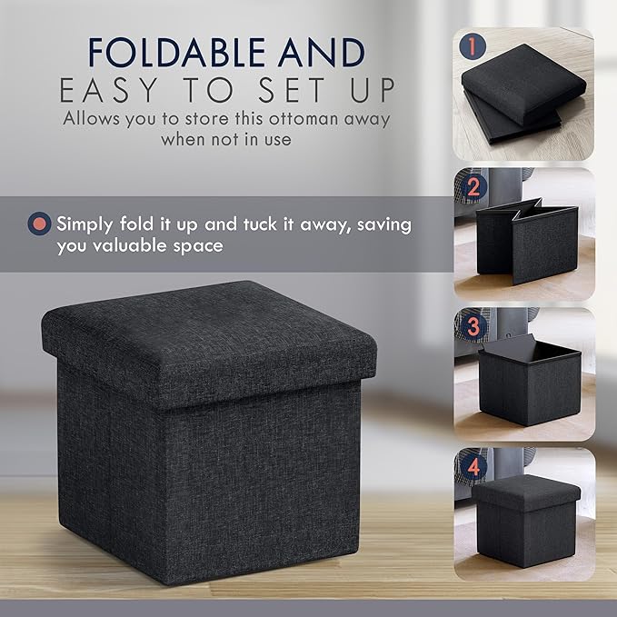 Ornavo Home Small Storage Ottoman Foldable Collapsible Cube Square Linen Ottoman Foot Rest Stool Seat, for Living Room, Bedroom, Home Office, Dorm - 12 x 12 x 12, Black