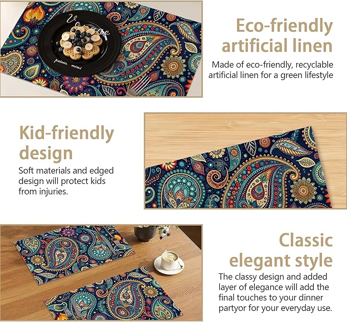 Placemats Set of 6, Indian Vintage Paisley Pattern Blue Linen Placemats 12x18 Inch, Heat Resistant Table Mats, Washable Non Slip Place Mats for Dining Table Kitchen Home