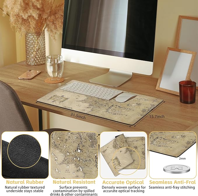 Middle Earth Map Large Extended Gaming Mouse Pad Fantasy Map Desk Mat 31.5 x 15.8 in, XXL Mousepad for Keyboard and Mouse, Non-Slip Rubber Base Mousepad with Stitched Edges for Office Desk Decor