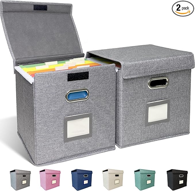 2 Pack Hanging File Folder Box with Lid, Durable Letter Size Filing Storage Box, Sturdy File Holder with Cardboard Support PVC Rails for Office Home Organizer, Gray