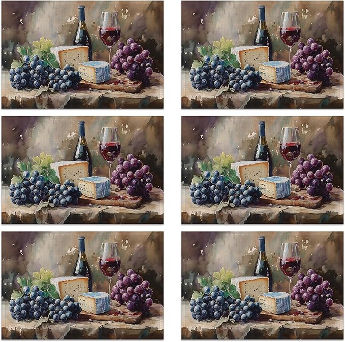 Watercolor Wine and Cheese Linen Placemats Set of 6, Decorative Table Mats 12x18 Inch, Washable Heat Resistant Placemats for Dining Table Kitchen Home Decor