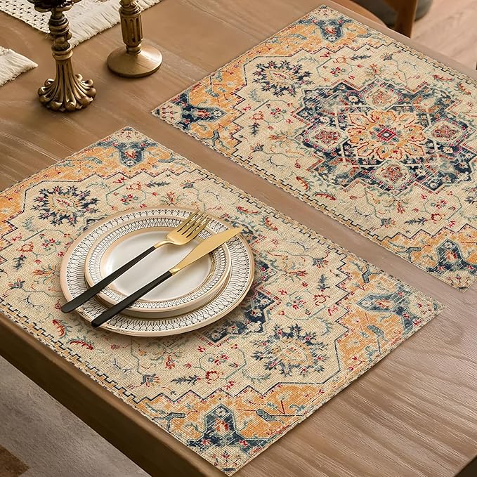 Boho Style Beige Placemats Set of 4,Vintage Elegant Farmhouse Table Center Linen Decor,12x18 Inch Country Rustic Farmhouse Magical Fall Table Mats for Party Kitchen Dining Decoration
