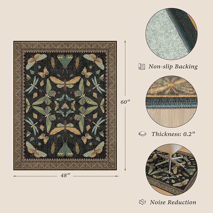 4'x5' Black Office Chair Mat for Hardwood Floors, Insect Boho Design,Non-Slip Low Pile Desk Rug, 48"x60" Small Area Rug for Computer Desk Home Office, Machine Washable WFH Essential for Dorm Room
