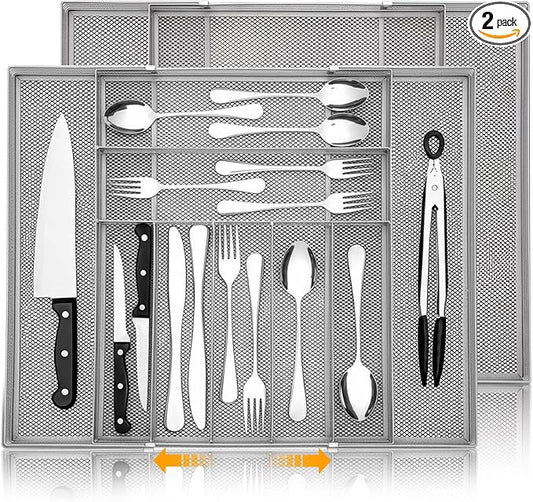 2 Pcs Utensil Drawer Silverware Organizer, Metal Mesh Expandable 13" ~24" Kitchen Drawer Organizer, 7-9 Slots Cutlery Tray Dividers for Kitchen Flatware Christmas Housewarming Gift (Sliver)