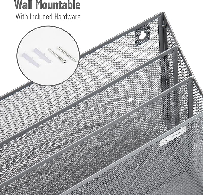 Mind Reader Vertical File Storage, Desktop Organizer, Wall Mount, Office, Metal Mesh, 12.5" L x 3.75" W x 11.5" H, Silver (Pack of 4)