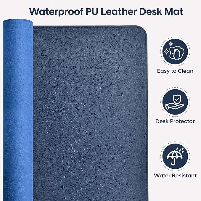 Leather Desk Pad Protector, Office Desk Mat, Large Mouse Pad, Non-Slip PU Leather Desk Blotter, Waterproof Computer Desk Writing Pad for Office and Home (Dark Blue, 36" x 17")