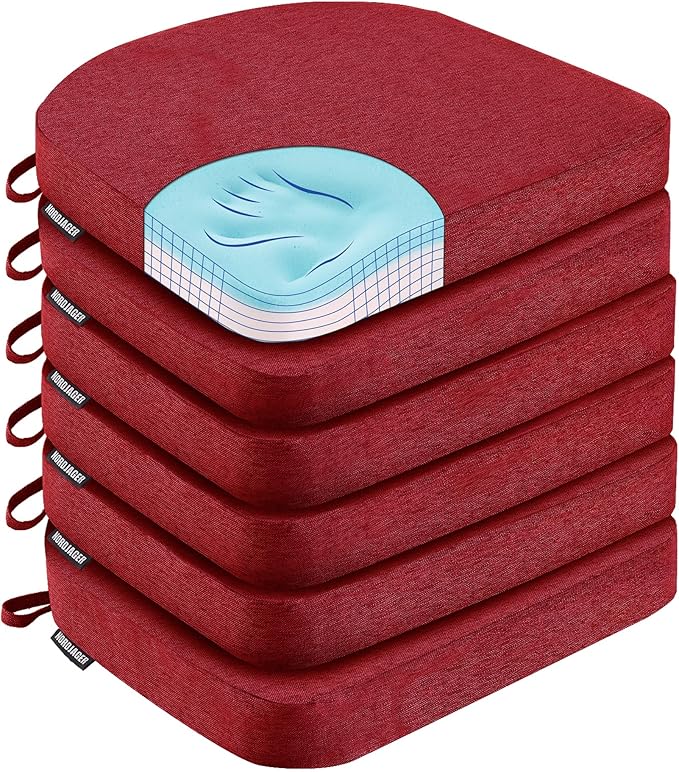 Nordjager Dining Chair Cushions Set of 6 Memory Foam Chair Cushion, Comfortable Dining Chair Pad Removable Slip Resistant Kitchen Chair Seat Cushion (6 Piece, Red)