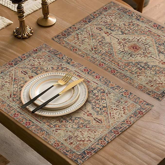 Boho Style Dusty Blue Placemats Set of 4,Vintage Elegant Farmhouse Table Center Linen Decor,12x18 Inch Country Rustic Farmhouse Magical Fall Table Mats for Party Kitchen Dining Decoration