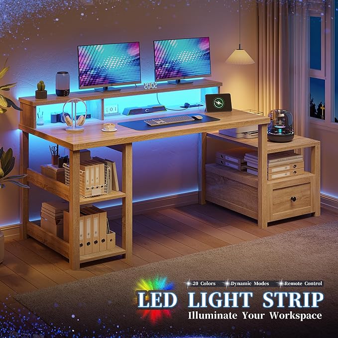 EnHomee 60.4" Farmhouse Computer Desk with Drawer & Power Outlet, Gaming Desk with LED Light, Office Desk with Monitor Stand, Study Desk, Work Desk for Home, Study Room, Bedroom, Natural Oak Finish