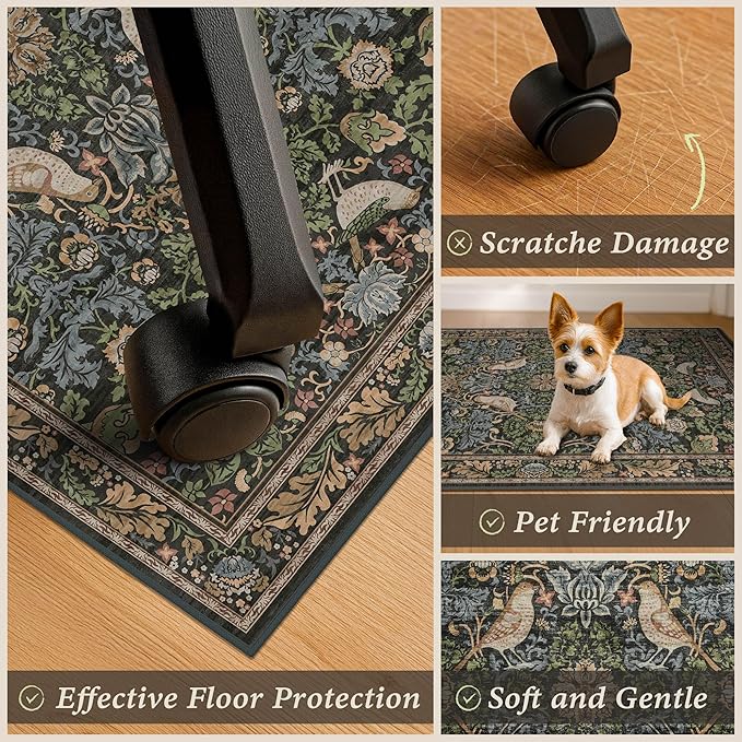 3x4 Green Office Chair Mat for Hard Wood & Tile Floor, Boho Low Pile Carpet Floor Protector for Rolling Chair with Bird & Botanical Pattern, Machine Washable Under Desk Rug, Non Slip Rubber Backing