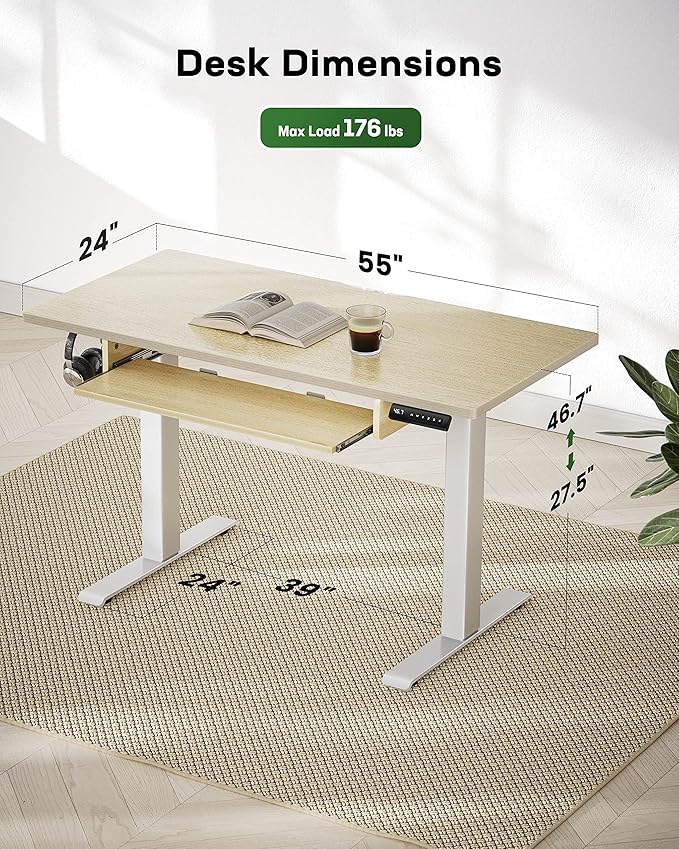 Marsail Standing Desk Adjustable Height with Extra Large Keyboard Tray, 55" Electic Adjustable Desk with 4 Memory Presets Cable Management 2 Storage Hooks, Sit Stand Up Desk for Home Office