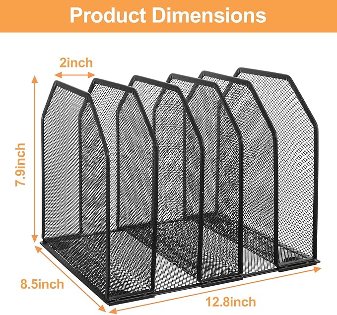 2 Pcs Vertical File Organizer for Desk - Metal Mesh Holder with 5 Compartments, File Folder Rack & Document Storage Stand - 9.3" x 8.5" x 7.9"