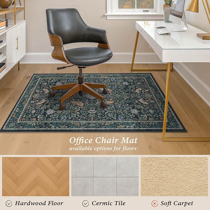 Washable Floral Small 3x4 Office Chair Mat for Hardwood Floors, Boho Blue and Green Non-Slip Low Pile Desk Rug, Machine Washable Botanical WFH Essential for Dorm Room, Stain Resistant Floral Carpet