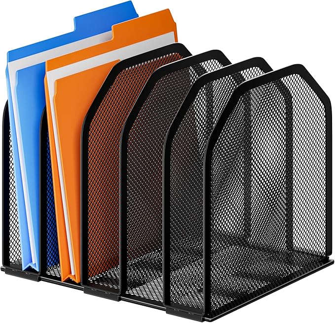 FUCDTEFC Desk File Organizer, Adjustable 5 Sections Upright Desktop Organizer File Sorter, Sturdy Metal Mesh Vertical Bookshelf File Holder Workspace Accessories for Home,School,Office Classroom,Black