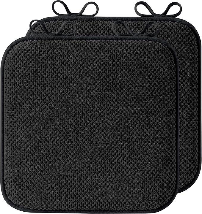 puredown® Chair Cushions for Dining Chairs, Set of 2 Memory Foam Seat Cushions with Non-Slip Backing & Ties, 16" x 16" x 1.5", Comfortable & Supportive Dining Chair Pads for Kitchen, Black